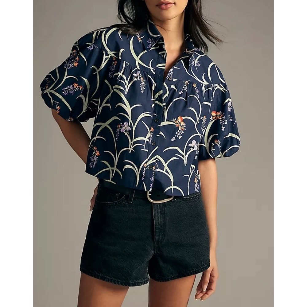 Anthropologie Maeve Top Blouse Bubble Sleeve Button Front Floral Navy XXS